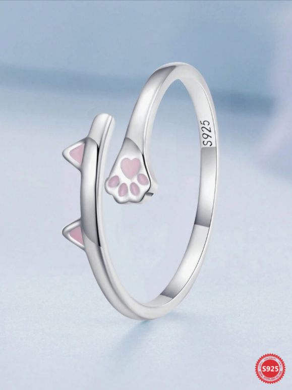 Silver Pink Cat Opening Ring